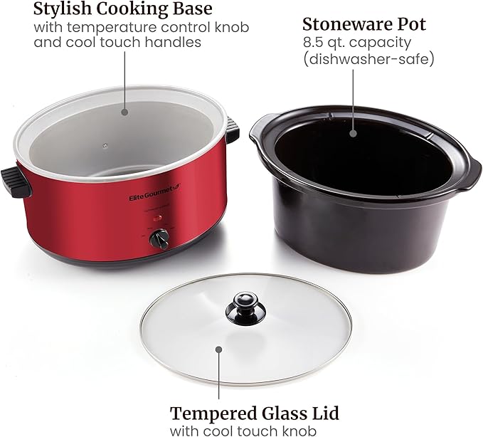 Elite Gourmet MST-900RXT# Electric Ceramic XL Jumbo Slow Cooker, Adjustable Temp, Entrees, Sauces, Stews & Dips, Dishwasher Safe Glass Lid & Crock, 8.5Qt, MetallicRed