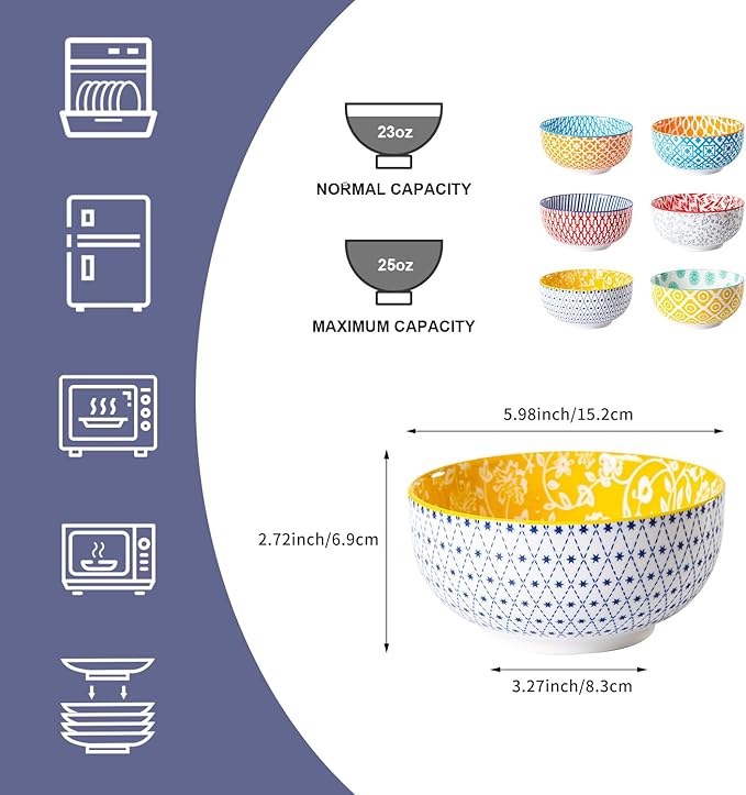 Ceramic Soup Bowls Set - 23 Oz Deep Cereal Bowl for kitchen - 6 Inch Porcelain Salad Bowl for Pasta, Dessert, Ramen - Microwave Dishwasher Safe - Set of 6 - Assorted Colors