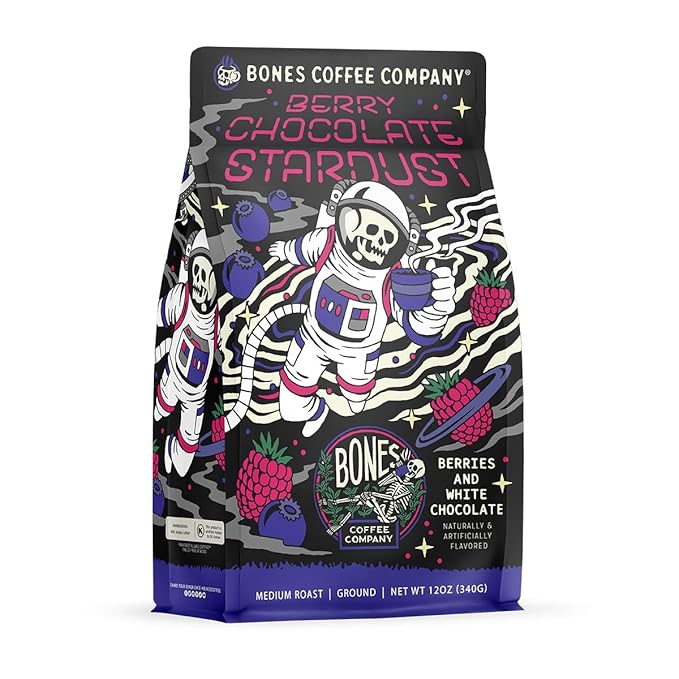 Bones Coffee Company Berry Chocolate Stardust, Berries and White Chocolate Flavored Coffee, Medium Roast Low Acid Arabica Beans For Auto drip and French Press Coffee Maker, 12 Oz Ground