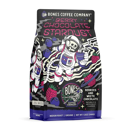 Bones Coffee Company Berry Chocolate Stardust, Berries and White Chocolate Flavored Coffee, Medium Roast Low Acid Arabica Beans For Auto drip and French Press Coffee Maker, 12 Oz Ground
