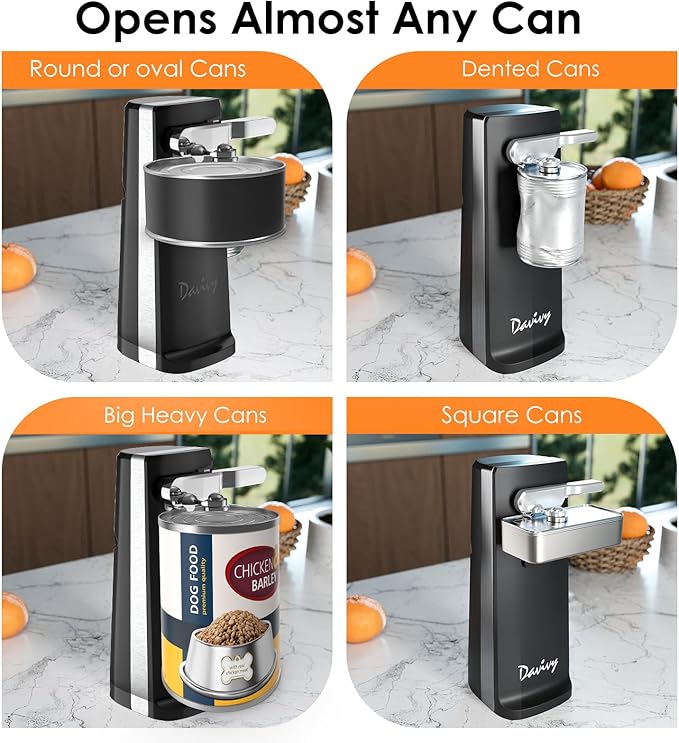 Davivy Electric Can Opener,Stainless Steel Tall Automatic Can Opener, Knife Sharpener and Bottle Opener (Black)
