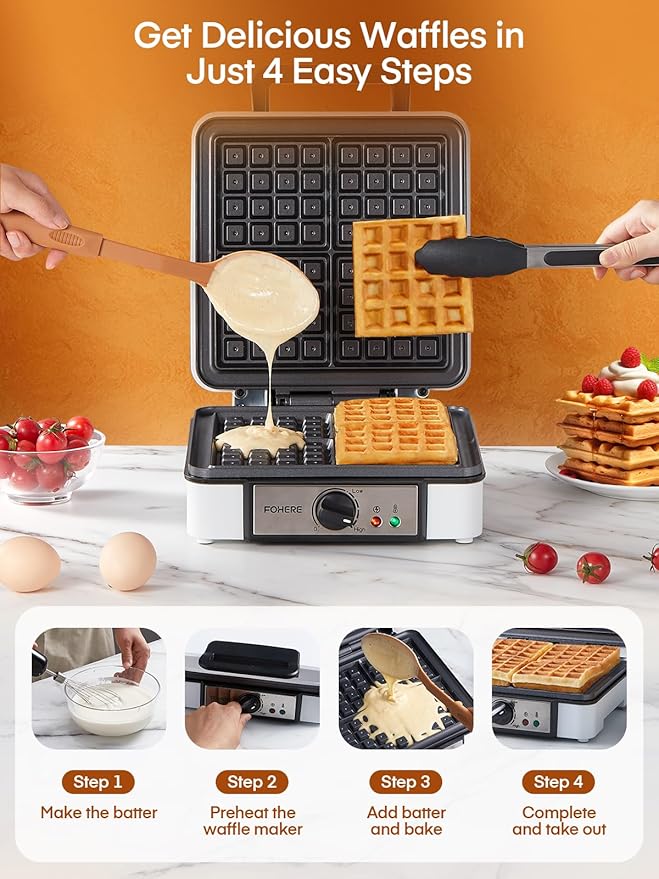 FOHERE Belgian Waffle Maker 4 Slices, 1200W Square Waffle Iron, 5 Browning Levels, Nonstick Plates, Cool-touch Handle, Anti-scald, Anti-overflow, Indicator Lights, Recipe, White (Large)