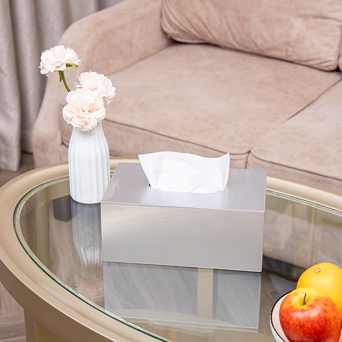 PEMAR Rectangular Lacquer Tissue Box, Handmade Rectangle Tissue Holder Decorative Napkin Dispenser Organizer Rustic Farmhouse Vintage Decor (Silver)