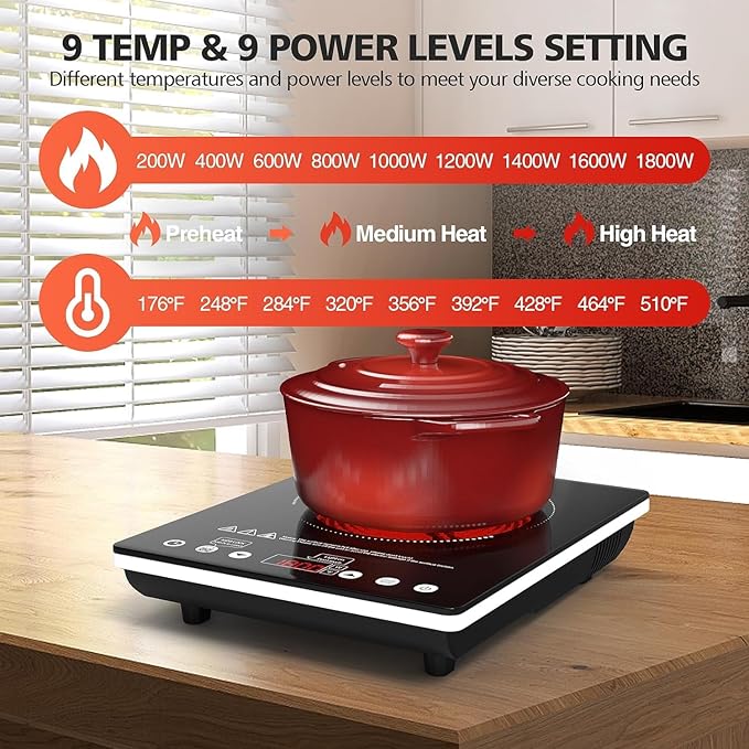Single Burner Electric Cooktop, 1800W Electric Stove Top Portable, Infrared Hot Plate 110v Plug in Countertop, Child Safety Lock, Timer, 9 Power Level, Compatible for All Cookware, Induction Cookotp