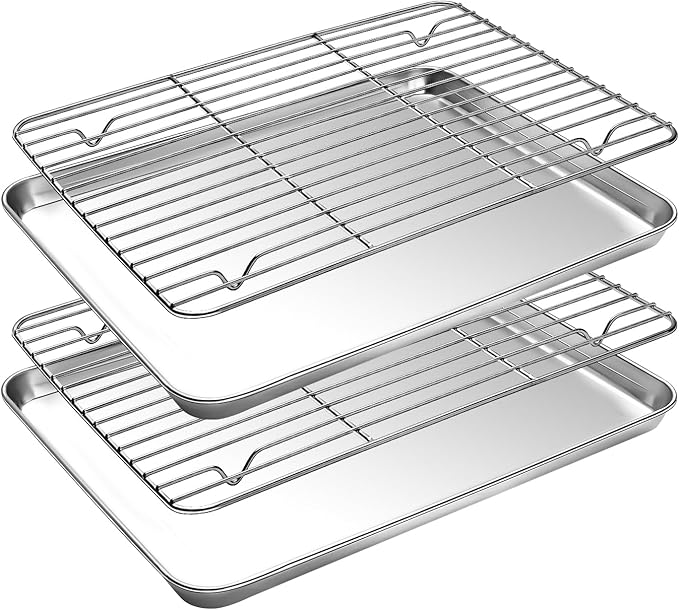Baking Sheet with Cooling Rack Set(2 Baking Pans+2 Baking Racks), CEKEE Stainless Steel Non Stick Small Cookie Sheet Set, Size 10.39 x 8.07 x 1 Inch, Easy to Clean Small Baking Sheet with Rack Set