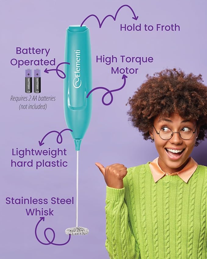 Elementi Powerful Frother Wand – Lightweight Milk Frother & Drink Mixer Handheld, Matcha Whisk for Dreamy Lattes, Powerful Coffee Mixer Wand & Blender Stirrer - Make Creamy Cappuccinos at Home (Teal)