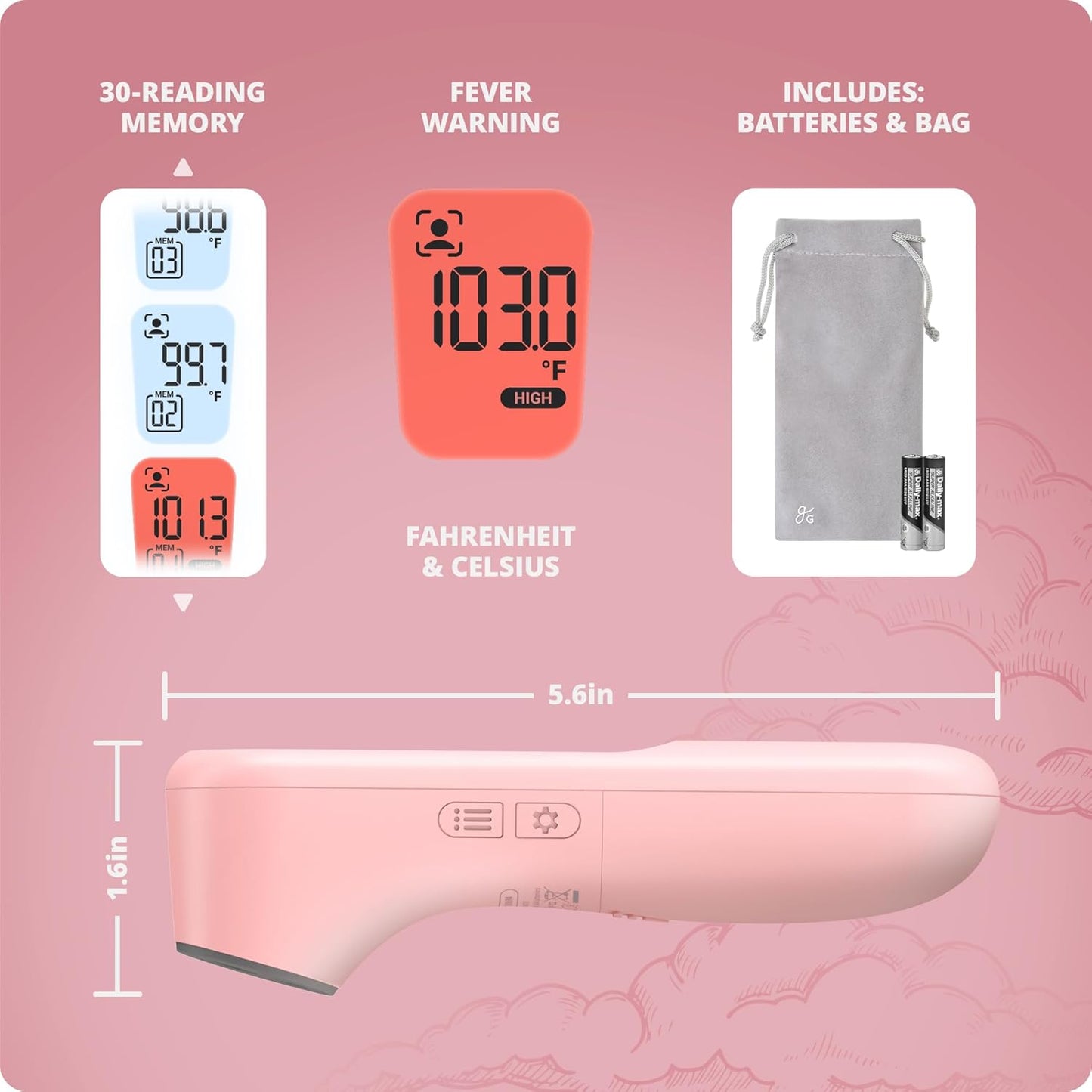Greater Goods No-Touch Infrared Digital Thermometer for Adults, Kids, and Babies, Forehead Thermometer with Ergonomic Grip, Fever Alarm, HSA FSA Eligible, Blush Pink