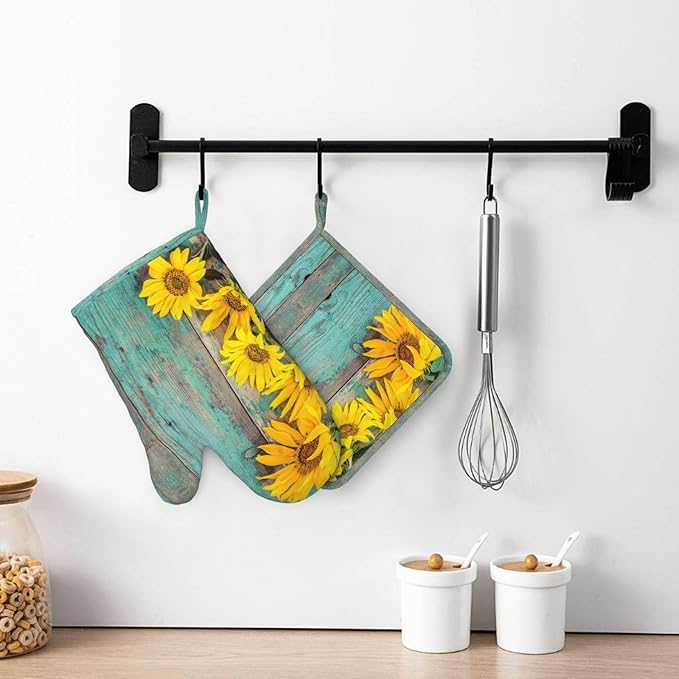 Sunflower Teal Wood Oven Mitts Pot Holders Set Silicone Kitchen Oven Mitts Heat Resistant Farmhouse Potholders Non-Slip 4pcs Hot Pads and Oven Gloves Sets for Baking,Cooking,BBQ,Grilling