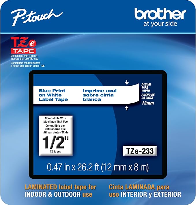 Brother Genuine P-touch, TZe-233CS, 0.47” x 26.2’, Blue on White Laminated Label Tape