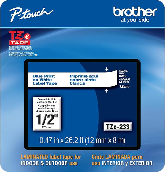 Brother Genuine P-touch, TZe-233CS, 0.47” x 26.2’, Blue on White Laminated Label Tape