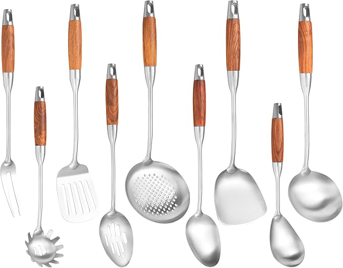 18/10 Stainless Steel Kitchen Utensils Set with Wooden Handle for Cooking 9 PCS with Solid and Slotted Spoon, Fork, Spatula, Ladle, Skimmer, Slotted Tunner, Spaghetti and Large Spoon
