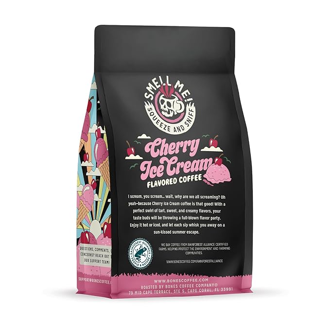 Bones Coffee Company Cherry Ice Cream Flavored Coffee, Medium Roast Low Acid Arabica Beans Compatible with Auto drip and French Press Coffee Maker, 12 Oz Whole Bean