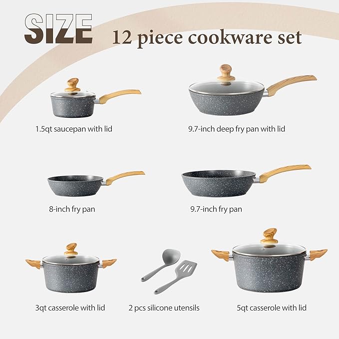 Kitchen Academy Induction Cookware Sets - 12 Piece Gray Cooking Pan Set, Granite Nonstick Pots and Pans Set