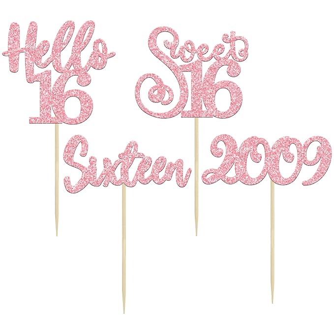 Gyufise 24Pcs Happy 16th Birthday Cupcake Toppers Glitter Hello 16 Sweet 16 Sixteen Years Old Cupcake Picks for Celebrating 16th Birthday Anniversary Party Cake Decorations Supplies Pink