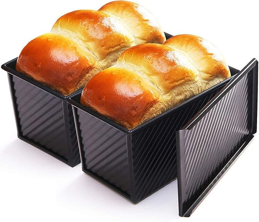 CHEFMADE Pullman Loaf Pan with Lid 2 Pcs, 1Lb Dough Capacity Non-Stick Rectangle Corrugated Bread Pan, Carbon Steel Toast Pan with Cover for Baking Bread - Black