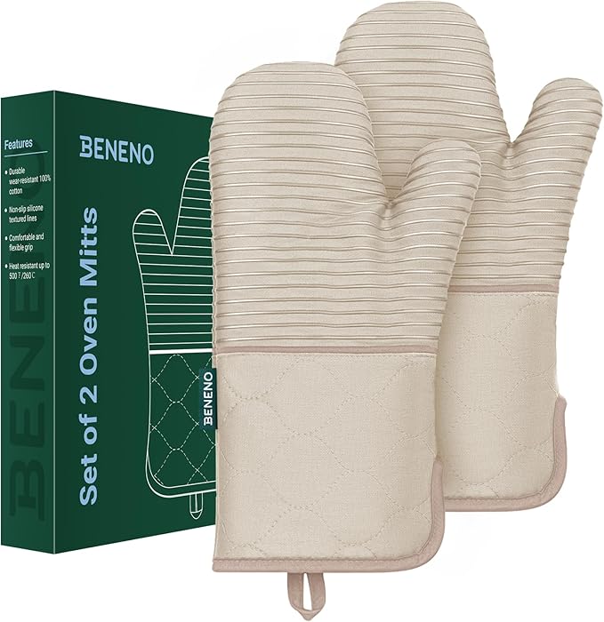 Beneno Kitchen Oven Mitts 2-Pack Heat Resistant to 500°F with Non-Slip Silicone Grip, Extra Long 14.3" Forearm Protection, Soft Quilted Cotton Terry Lining, Ideal for Cooking, Baking, Grilling, Beige