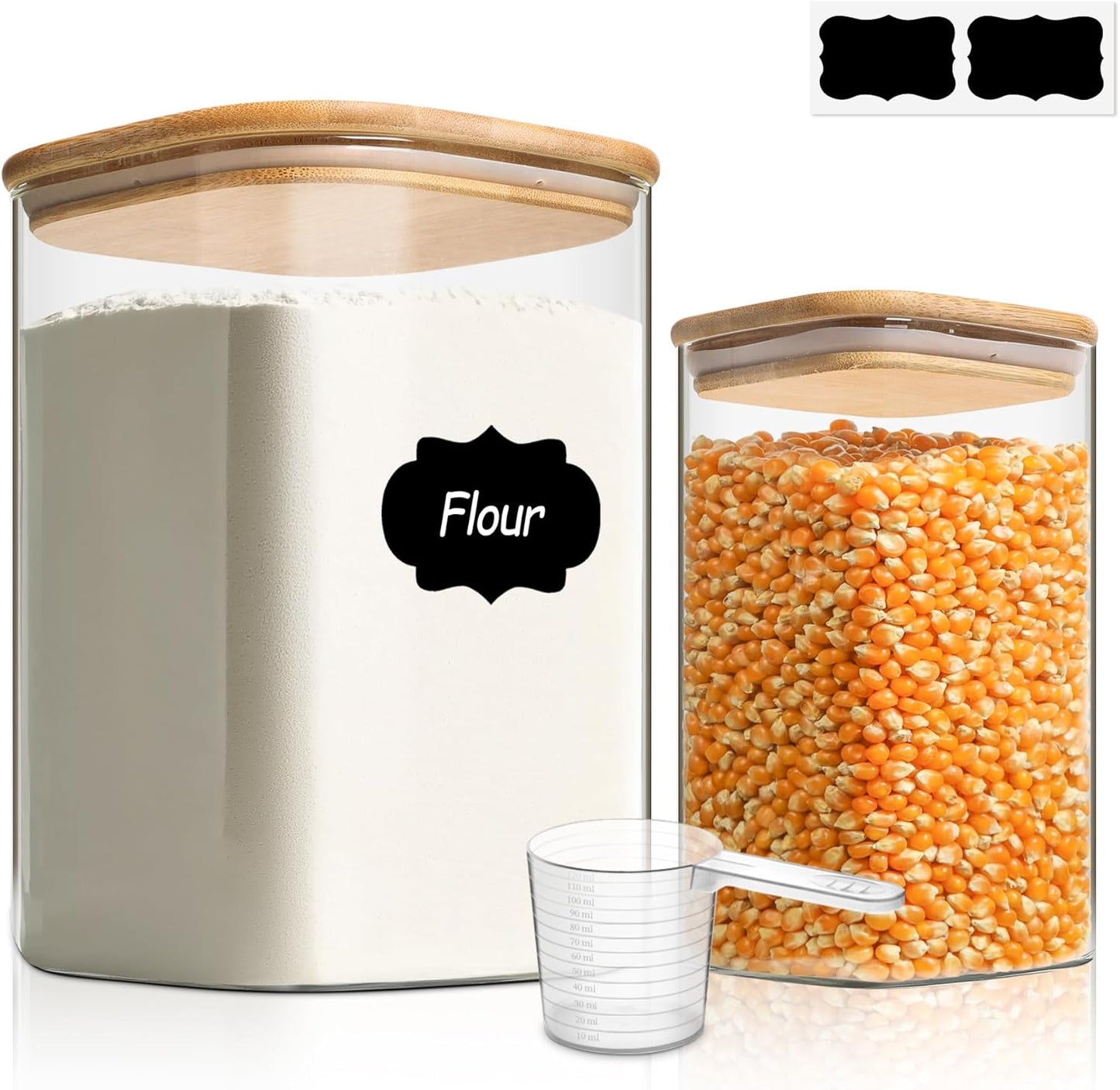 ComSaf Glass Food Storage Containers, 115/37 oz Glass Flour and Sugar Containers with Airtight Lids, Large Square Glass Jars with Bamboo Lids for Rice, Pasta, Oats, Grains, Cookies, Snacks, Candy