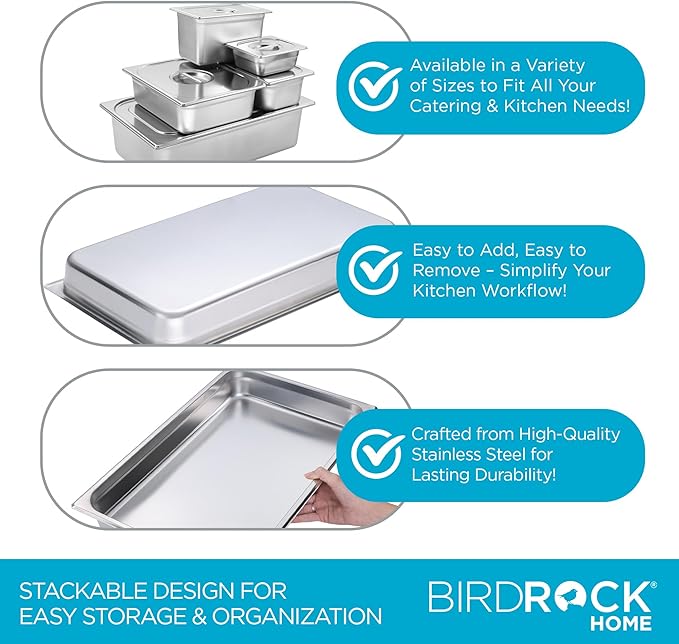 BIRDROCK HOME Stainless Steel Steam Table Pan - Hotel, Restaurant & Catering Supplies - 24 Gauge Steel, 9.1 qt Capacity - Meal Prep, Cooking, & Food Storage Container - 2.5" Depth, Full-Size (6 Pack)