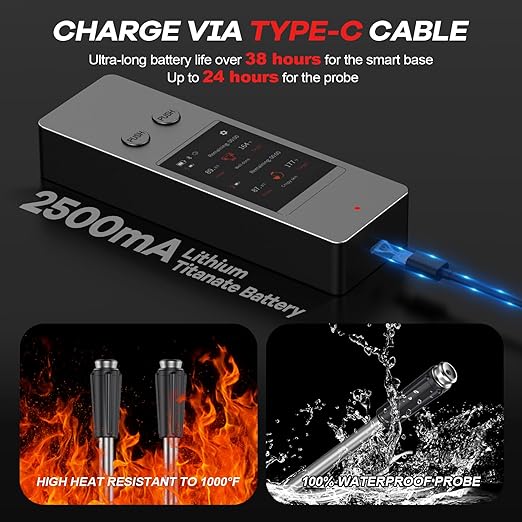 800FT Wireless Meat Thermometer Digital with 2 Upgraded Ultra-Thin Probe, Large Touchscreen, Kitchen Food Thermometer for Cooking Oven, Smoker, Rotisserie, BBQ(No App to Download)