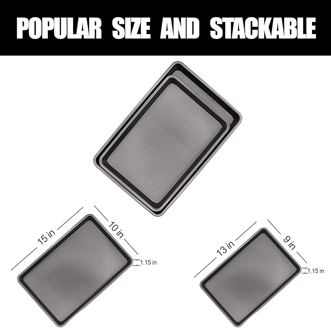 Cookie Sheets for Baking Nonstick, 2 Pack Heavy Duty 0.8mm Dark Gray Sheet Pan Set Quarter(9x13in) & Jelly Roll(10x15in), Diamond Textured Commercial Grade, Small Oven Safe