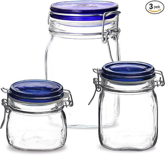 Bormioli Rocco Fido Glass Jars, Blue Lids – Serving & Entertaining Containers, Assorted Sizes - Airtight Clamp Canisters for Appetizers, Desserts, Snacks – Italian Glass, Dishwasher Safe (Set of 3)