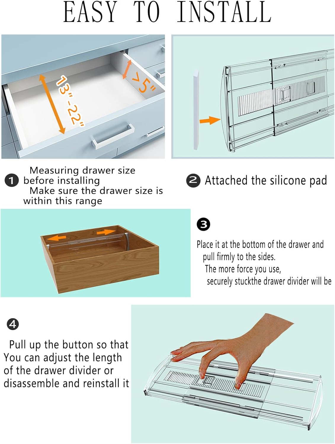 4 Pack Adjustable Drawer Dividers for Clothes,5" High Expandable From 13-22" Clear Drawer Organizers, PC Plastic Separators for Dresser/Bedroom/Bathroom/Kitchen/Office Storage