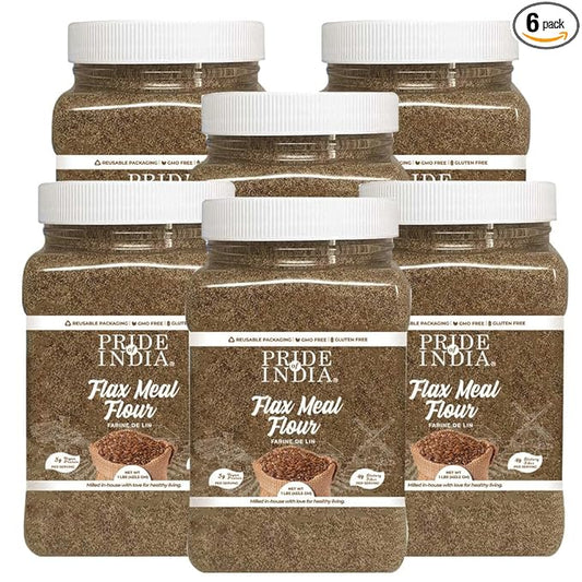 Pride of India - PACK of 6 - Flax Meal Flour 1 lbs (454 gm) Nutty Earthy Taste Freshly Milled in Small Batches | Used for Baking Coating Thickening | Prepare Muffins Pancakes Smoothies Pudding Salads