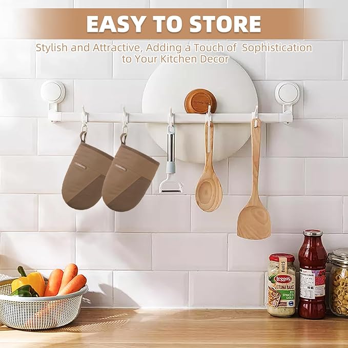 Mini Oven Mitts, Kitchen Oven Gloves Kitchen Mittens 500 Degrees Heat Resistant Baking Gloves, Non-Slip Silicone Surface with Hanging Loops Hot Gloves for Cooking, Baking, BBQ 1 Pair-Brown