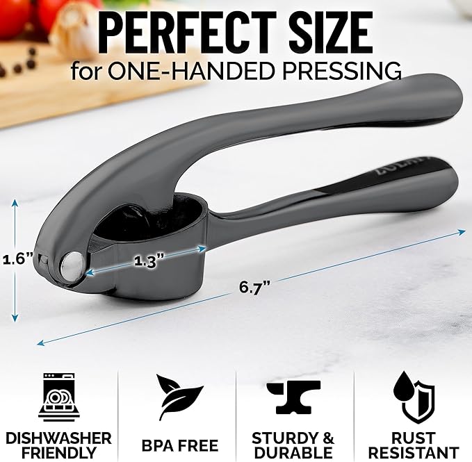 Zulay Kitchen Premium Garlic Press Set - Rust Proof & Dishwasher Safe Professional Garlic Mincer Tool - Easy-Squeeze, Easy-Clean with Soft, Ergonomic Handle - Silicone Garlic Peeler & Brush-Dark Gray