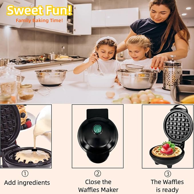 3 in 1 Mini Waffles Maker with 5 Removable Plates-Make Mini Waffles Donuts Pancakes or Eggs all in 1 Multi -Easy Cleaning & Storing- Holiday Gift(Black)
