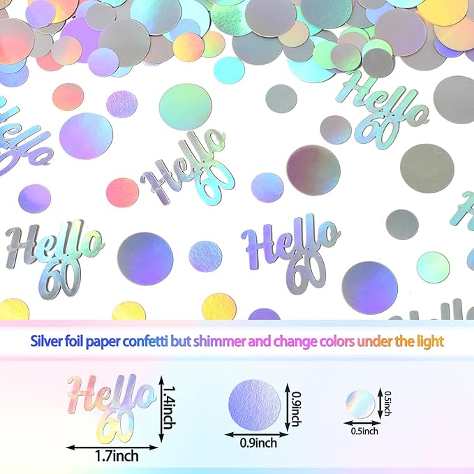 Hello 60 Birthday Confetti for Table Iridescent 60th Birthday Party Decorations for Women Sixty Years Old Happy Birthday Tables Scatter Circle Dots Party Confetti Anniversary Decor 300PC