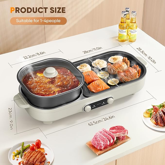Electric Hot Pot with Grill, 2 In 1 Indoor Non-Stick Barbecue Shabu Hot Pot with Dual Temperature Control, Detachable Hotpot and Baking Tray, Smokeless Shabu Korean BBQ Grill