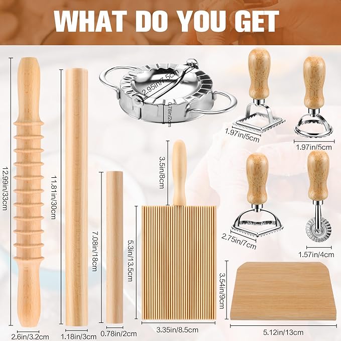12 Piece Ravioli Mold Set with Press, Scraper, Cutter, Pierogi Maker, Rolling Pin, Gnocchi Board, Wooden Roller, and 4 Ravioli Stamp Maker Cutters for Making Pasta, Dumplings, and Pierogi