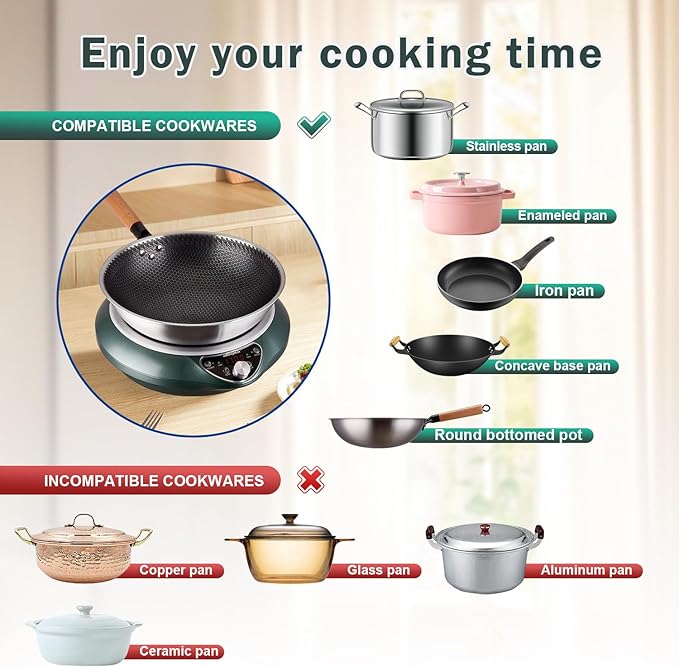 Wok Induction Cooktop 1700W 120V Wok Burner Induction Curved Electric Stove Hot Plate With Stainless Steel Pot