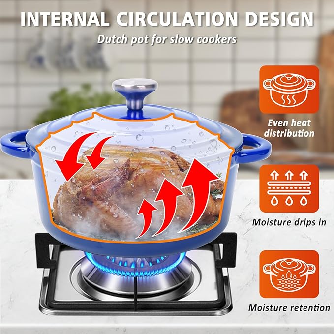 Hisencn Enameled Cast Iron Cookware Set - 7 Piece Set of Dutch Ovens, Sauce Pan, Skillet, 3 Lids, Dutch Oven Set, Ceramic Coated Cast Iron, Heavy Duty, Gas/Induction Compatible, PFA Free, Cobalt Blue