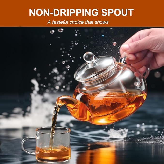 Glass Teapot Stovetop Safe, Heat-Resistant Clear Teapot with Removable glass Infuser, Loose Leaf and Blooming Tea Maker （20.3 OZ)