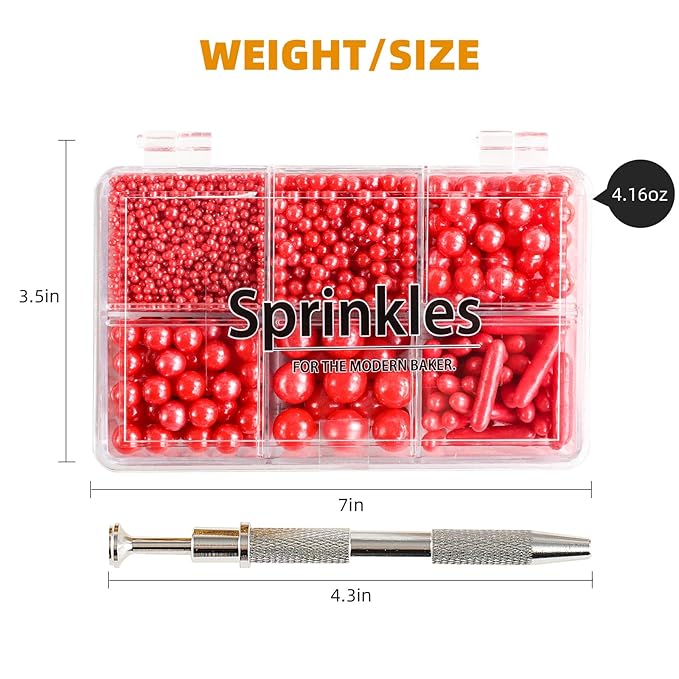 Kasvan Red Mix Sugar Sprinkles - Edible Candy Pearls with 4-Claw Sprinkle Pen,118g/4.16 Oz, Gift Box Pack, Baking Cake Decorations, Ice Cream Toppings and Cookie Decorating (Red)