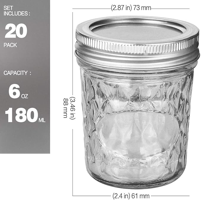 VERONES Mason Jars 6 OZ, 20 PACK 6oz Mason jars Canning Jars Jelly Jars With Lids, Ideal for Jam, Honey, Wedding Favors, Shower Favors, Extra 20 Lids