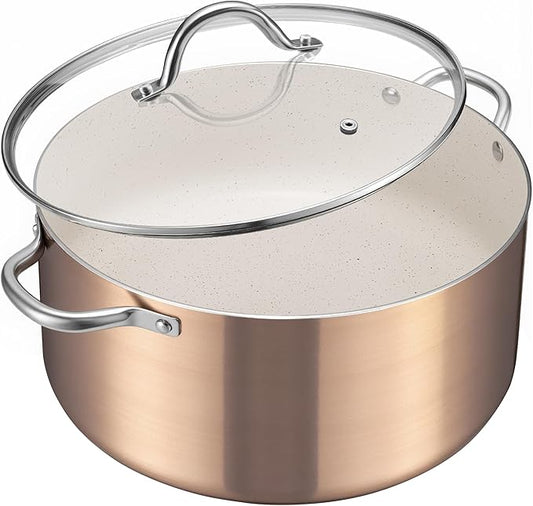 BEZIA 8 Quart Nonstick Stock Pot with Lid, Induction Cooking Pot, Soup Pot for All Stovetops, Non-toxic and Oven Safe, PFOA PFAS Free, Golden