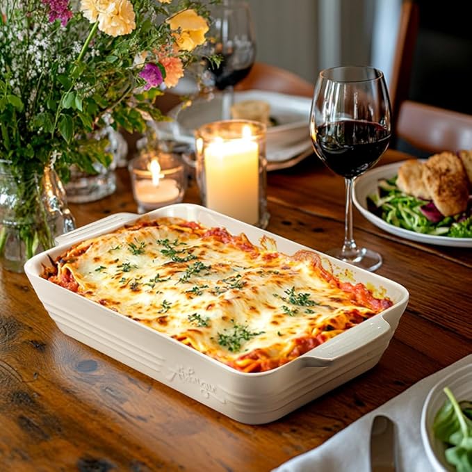 Casserole Dishes for Oven,9x13 Ceramic Baking Dish,4.2 Quarts Large Lasagna Pan with Handles Deep and Large Capacity,Durable Bakeware for Lasagna, Home Decor, Wedding Gift, White