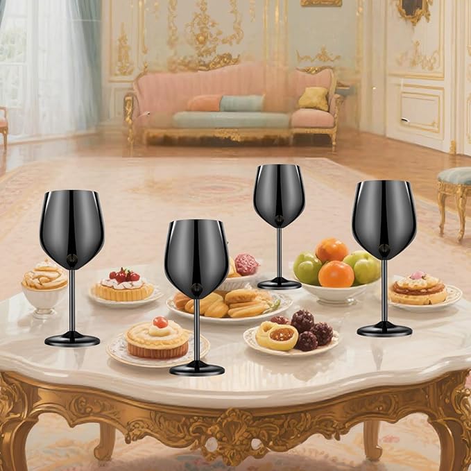 Stainless Steel Wine Glasses Set of 4 Unbreakable Wine Glass 18 oz Unique Metal Wine Goblets for Outdoor, Travel, Camping, Pool, Ideal Gift for Wine Lovers (Mirror-Black)