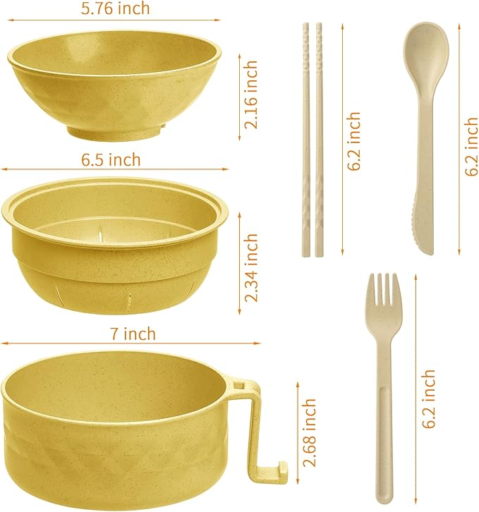 Ramen Cooker,32oz Ramen Bowl Set,Microwave Ramen Bowl, Microwave Bowl with Lid, Portable Noodle Bowls,for Home Office Dorm Room College gift (Yellow)
