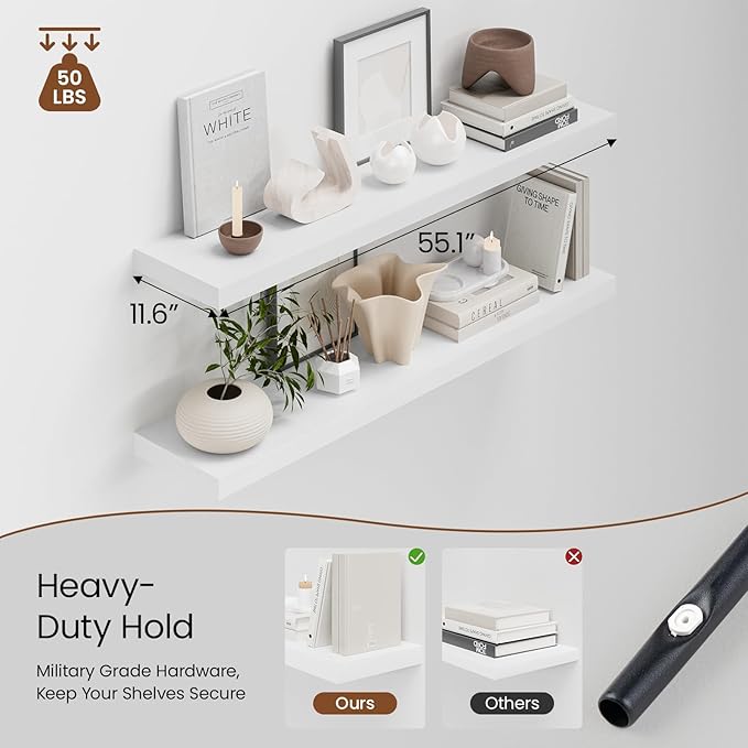 Heimlove 55 x 12 inch Extra Long Floating Shelves for Wall, 12 Inch Deep Floating Shelves, Large Display Shelf & Storage Shelf for Living Room Bedroom Kitchen Home Office, Set of 2, White