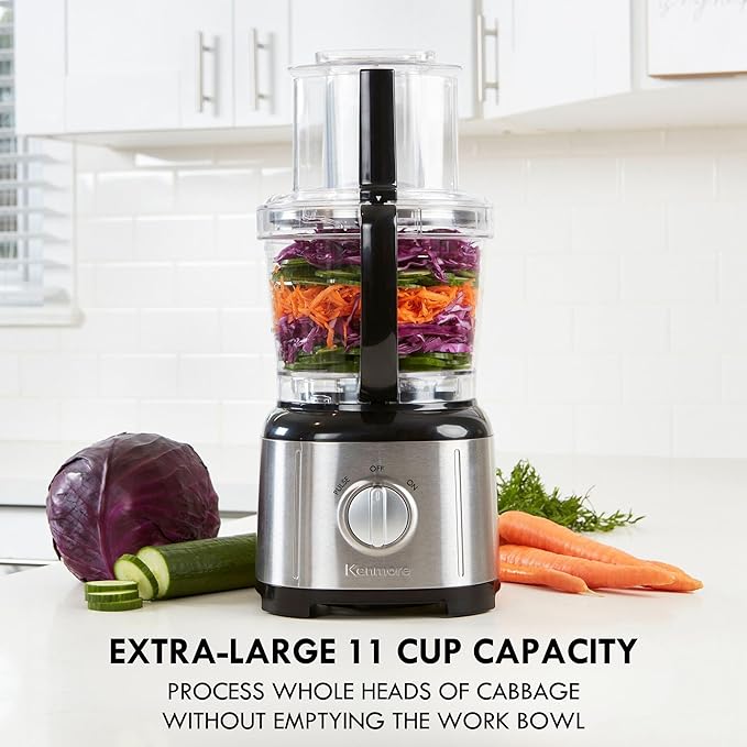 Kenmore 11 Cup Food Processor - Vegetable & Fruit Salad Cutter, Multifunctional, 500 W, Chopper, Slicer, Mincer, Puree, Grater, Blades, Shredder, Compact Stainless Steel Kitchen Appliances, Black