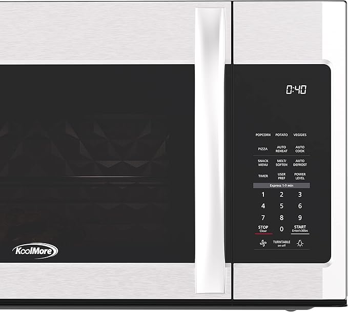 KoolMore KM-MOT-2SS Range Microwave Oven Lamp and 300CFM Recirculation Vent Hood, Auto Cook Menus, Reheat Function, 11 Power Levels, Timer, and Weight Defrost, 30 in/1.9 Cu. Ft, Silver