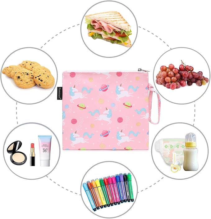 Reusable Sandwich Bag/Snack Bag for Kids & Adults, Dual Layer Lunch Bag with Handle, Washable, Food Safe, BPA Free (1-Pack, Planet Unicorn)
