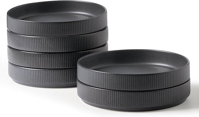 famiware Star 7.5" Pasta Bowls Set, Salad Bowl Set of 6, Double Reactive Glaze, Stackable, Perfect for Your Friend for Housewarming, Thanksgiving, Christmas, Matte Dark Charcoal (Full Glaze)