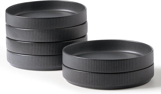 famiware Star 7.5" Pasta Bowls Set, Salad Bowl Set of 6, Double Reactive Glaze, Stackable, Perfect for Your Friend for Housewarming, Thanksgiving, Christmas, Matte Dark Charcoal (Full Glaze)