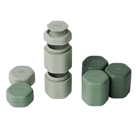 Cadence Travel Containers - Full Skincare Set - Magnetic Containers with Lids,Carry On Travel Essentials For Women/Men - 2 Small (0.56oz), 4 Medium Capsules (1.32oz), & Extender (1.43oz) - Evergreen
