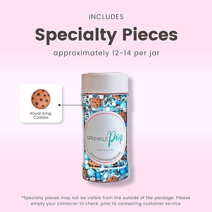 Sprinkle Pop Cookies & Milk Sprinkle Mix| Blue and White Sprinkles with ~12 Hand Piped Chocolate Chips Cookies and Brown Pops| Decorating Sprinkles Made in USA For Birthday Cake Cupcakes Donuts, 4oz